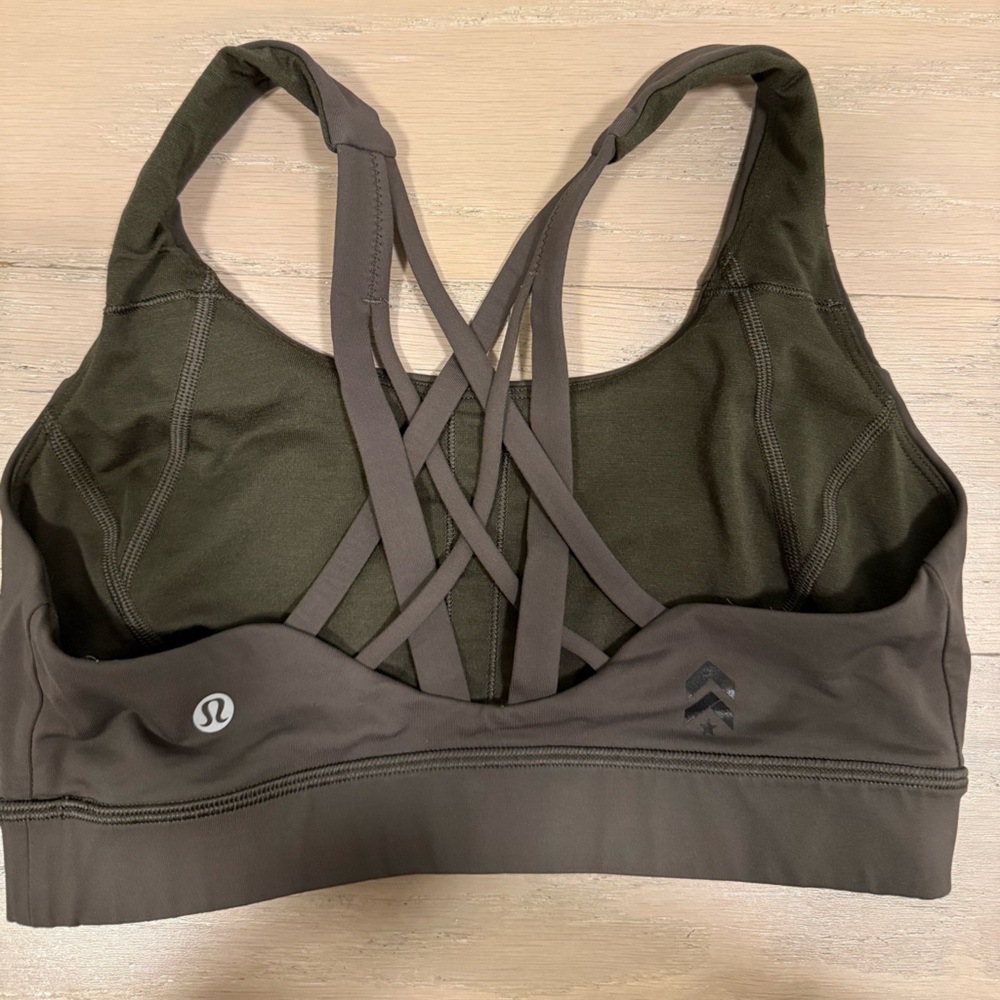 Lululemon Energy Longline sports bra x Barry’s in olive green
